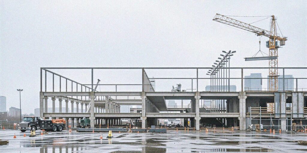 Steel frame and concrete columns under construction at a Manhattan waterfront site, illustrating constructive deconstruction principles for adaptive reuse.