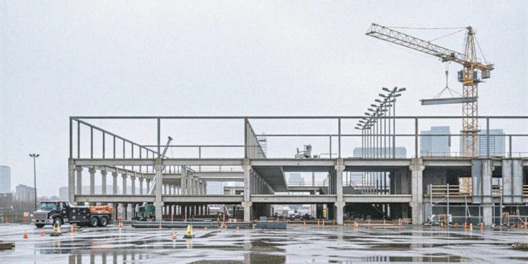 Steel frame and concrete columns under construction at a Manhattan waterfront site, illustrating constructive deconstruction principles for adaptive reuse.