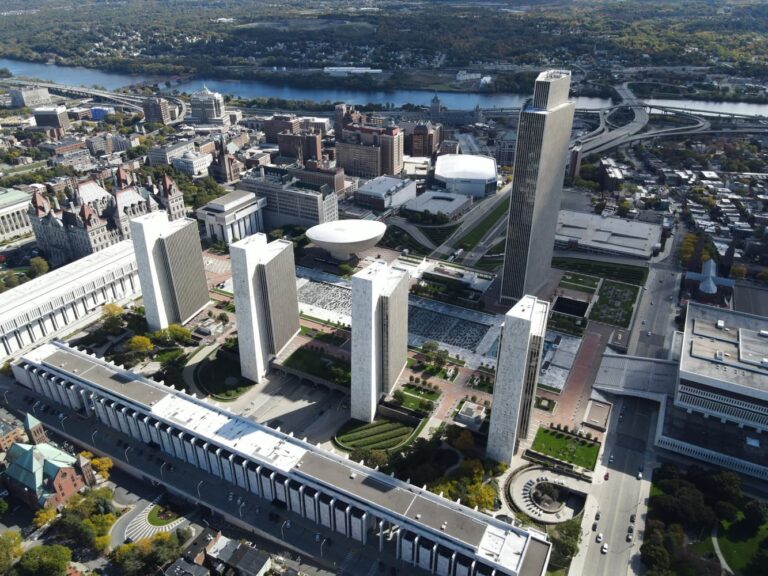 Aerial view of The Egg Performing Arts Center in Albany, New York, nestled within the Empire State Plaza’s modernist complex.