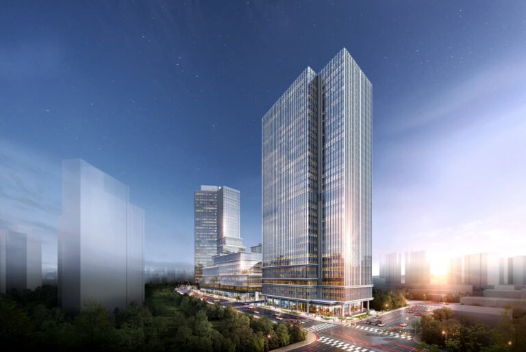 Night rendering of a modern glass skyscraper complex in an urban setting with illuminated streets and surrounding greenery. 도시 환경 속 조명이 켜진 거리와 주변 녹지가 있는 현대식 유리 고층 빌딩 복합단지의 야간 렌더링.