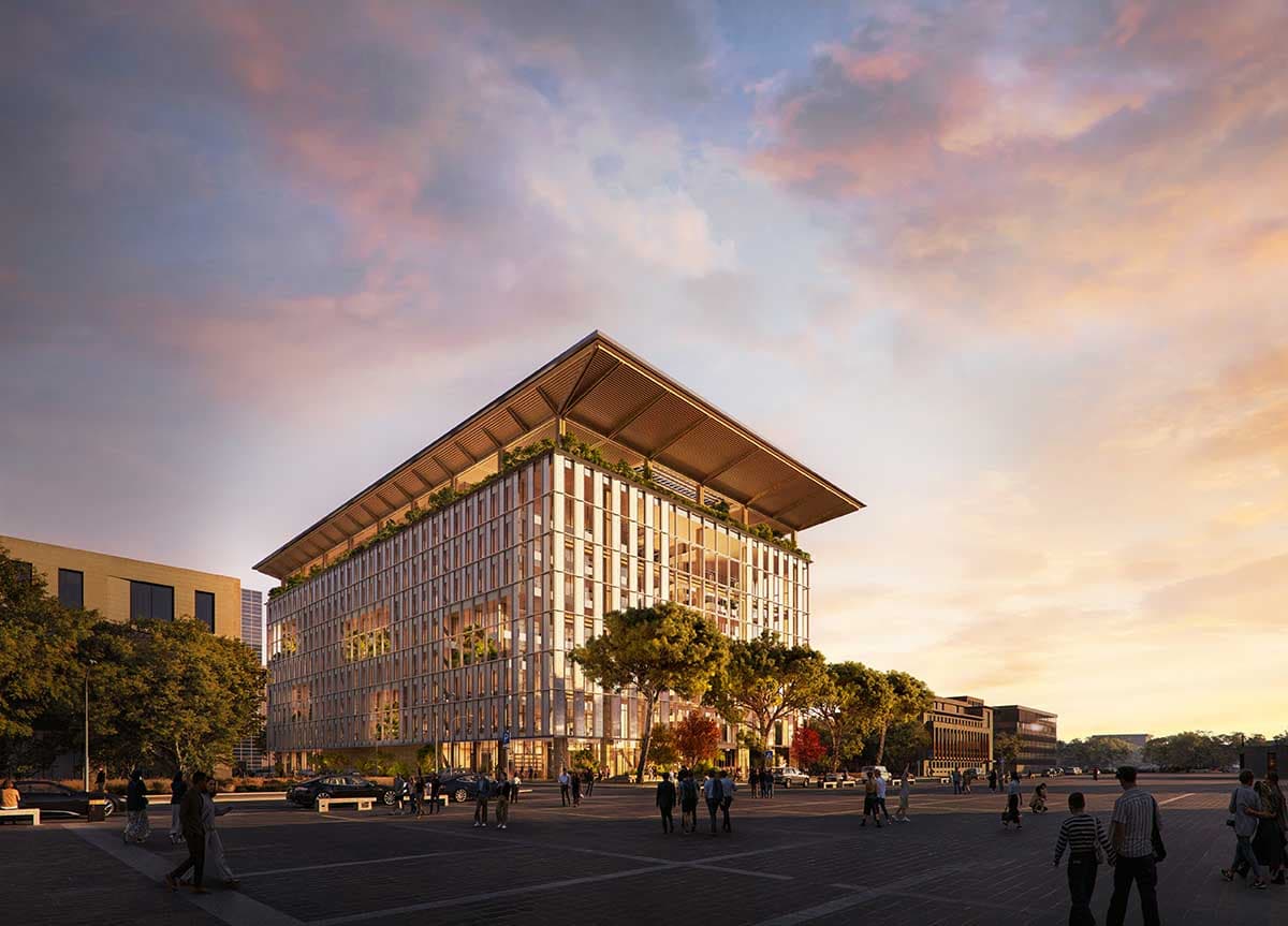 Rome Environmental HQ at dusk, timber-framed structure with green roof terraces in EUR district — rendering by PLP Architecture.