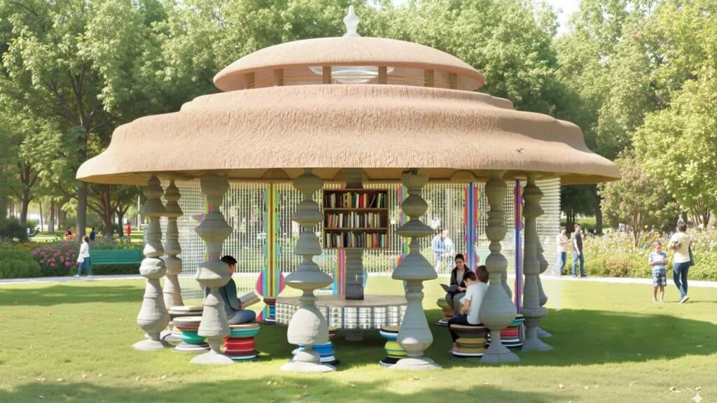 A conceptual pavilion with layered thatched roof and sculptural concrete columns, featuring built-in bookshelves and colorful seating in a public park.