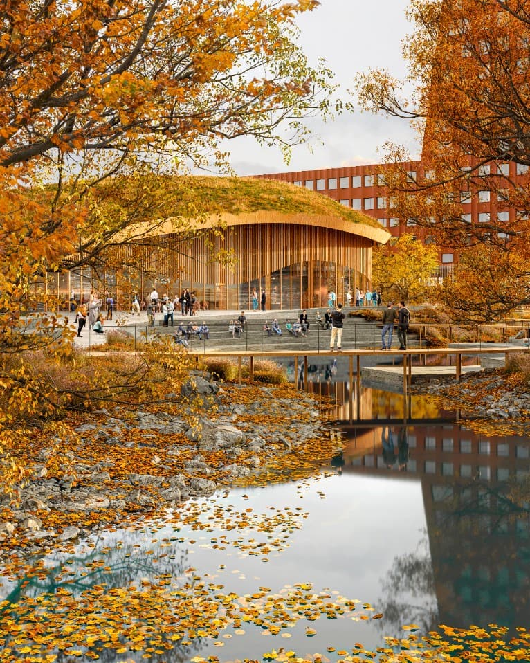 Wooden pavilion with living roof at Drammen River Park, surrounded by autumn foliage and reflective pond.