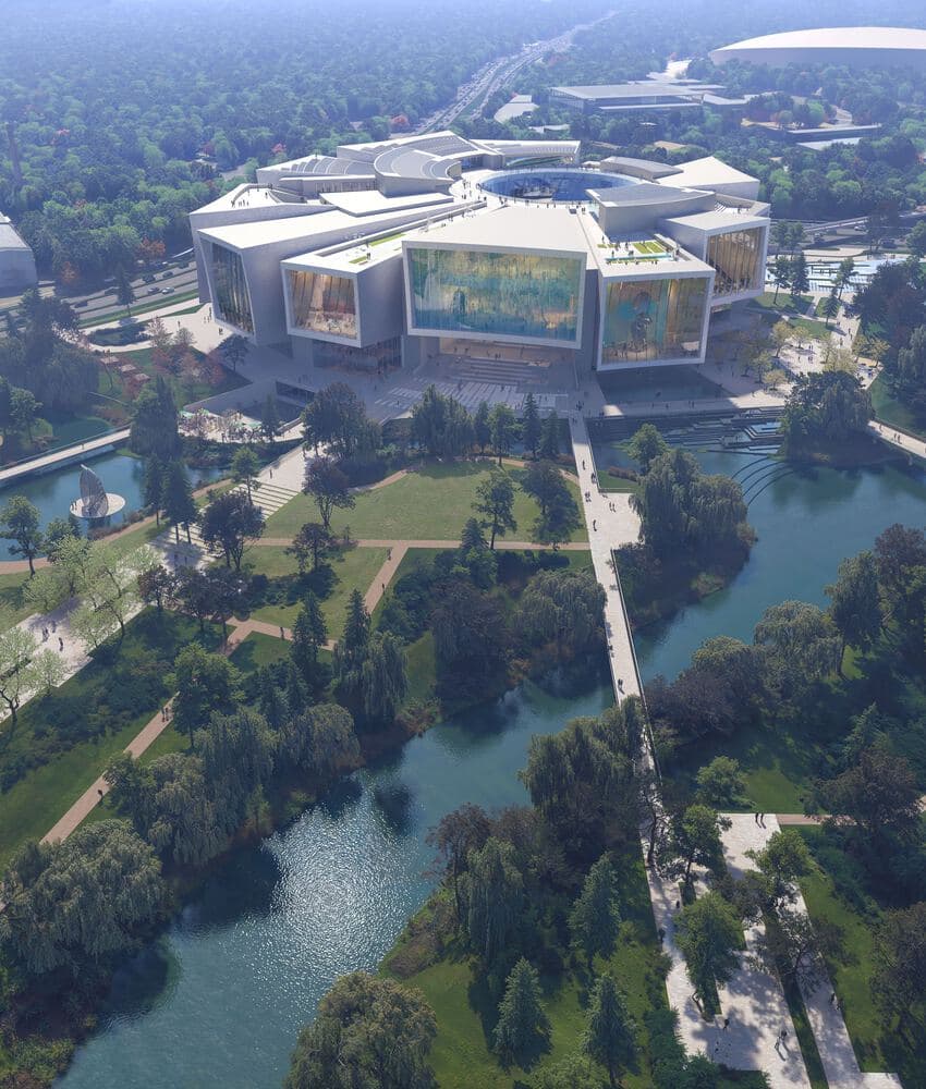 مشهد جوي لمتحف بكين للفنون في تونغتشو، يُظهر كتلته البيضاء النحتية، وواجهاته الزجاجية الواسعة، واندماجه مع المحيط الأخضر والميزات المائية.