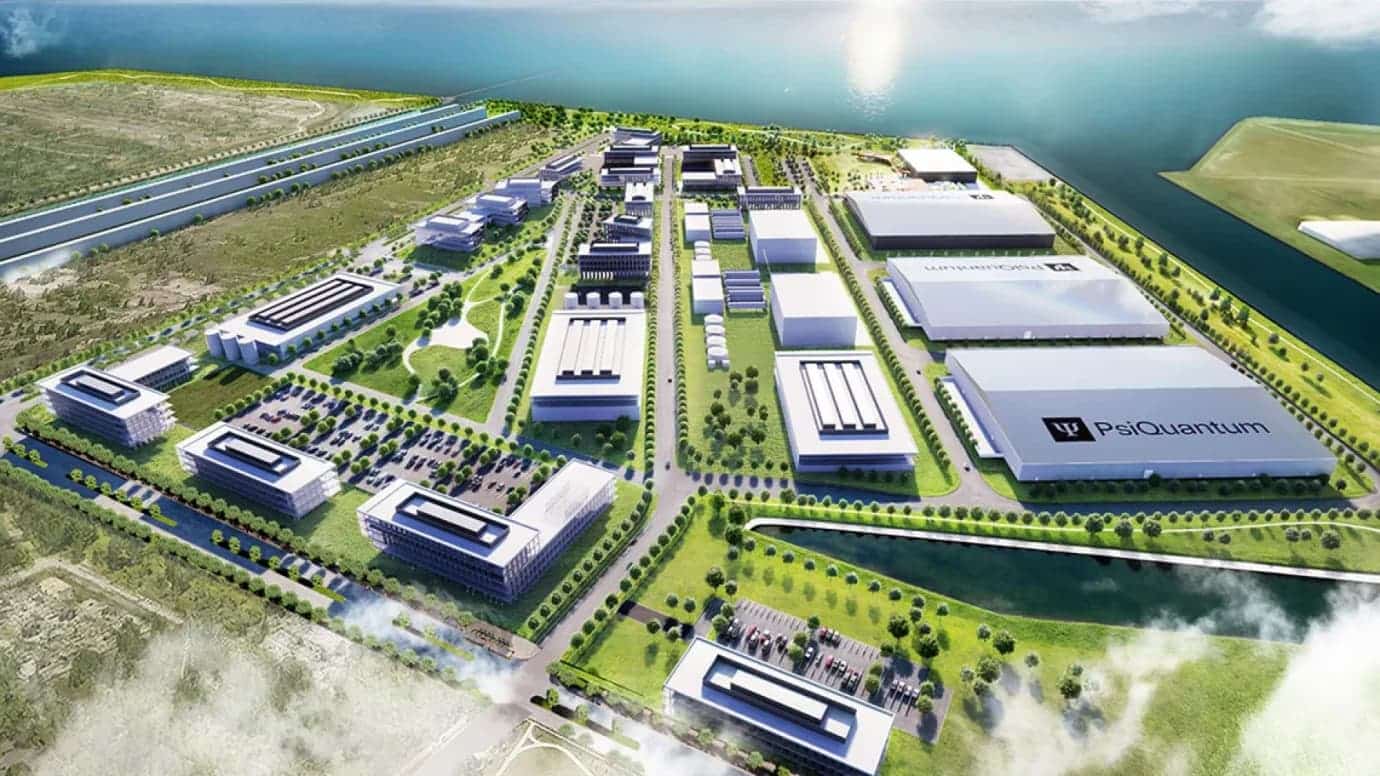 Aerial rendering of the Illinois Quantum & Microelectronics Park on Chicago’s South Side, showing low-rise research buildings, green corridors, and PsiQuantum’s 300,000 sq ft facility adjacent to waterways.