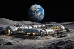 Concept rendering of the First Moon Hotel on the lunar surface, featuring modular cylindrical habitats and a geodesic dome under Earth’s glow, illustrating off-world tourism infrastructure.