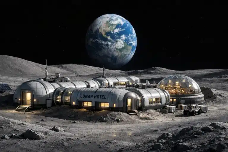 Concept rendering of the First Moon Hotel on the lunar surface, featuring modular cylindrical habitats and a geodesic dome under Earth’s glow, illustrating off-world tourism infrastructure.