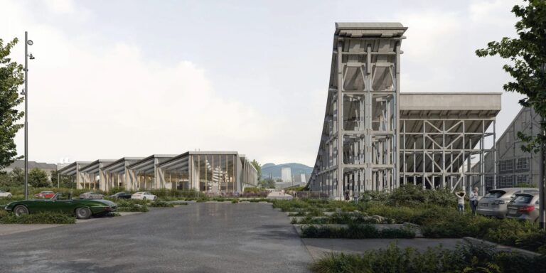 Exterior rendering of the Michelin Factory Museum in Clermont-Ferrand, showcasing its preserved 1960s industrial framework with exposed steel trusses, sawtooth roofline, and new timber-clad exhibition volumes integrated into the historic hangar structure.