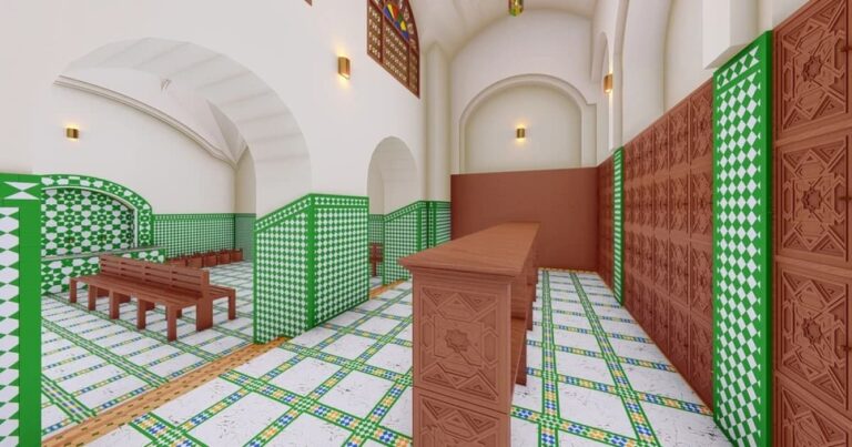 Interior view of a reimagined traditional Moroccan hammam in Fez or Marrakech, featuring arched ceilings, green-and-white zellige tilework, carved cedarwood panels, and benches arranged for social circulation — illustrating sustainable design principles rooted in Islamic architecture.