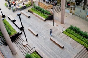 Aerial view of a public urban space showing circulation patterns and shared pedestrian areas in public spaces architectural design