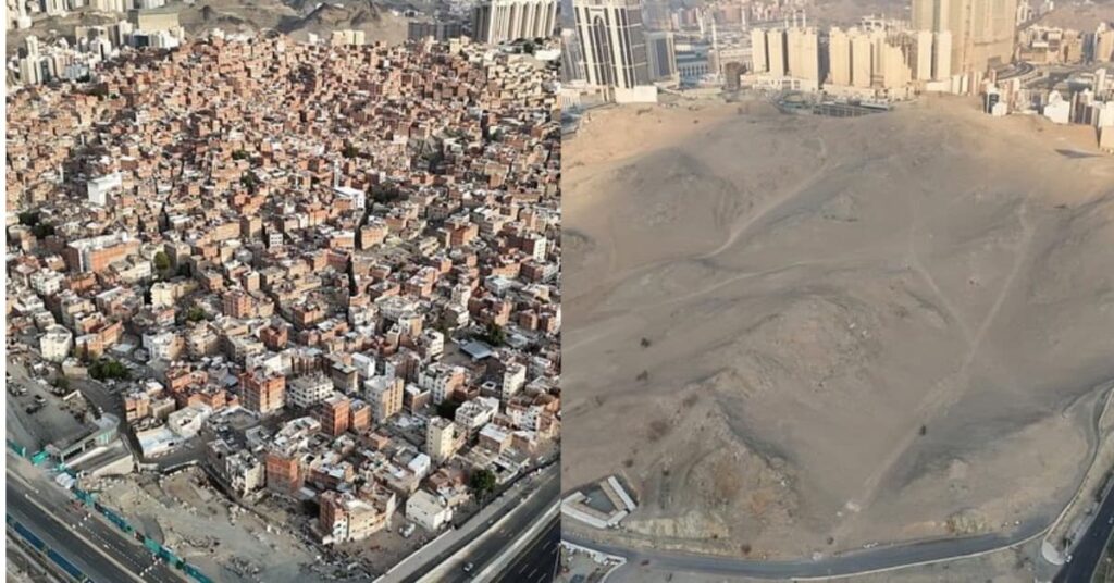 Before and after aerial view of Makkah&rsquo;s cleared zone, illustrating architectural security in urban redevelopment near infrastructure corridors.