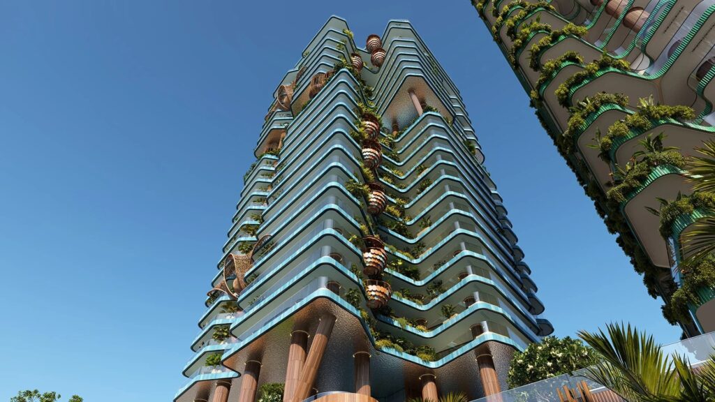 Eywa Way of Water residential tower with undulating balconies and integrated greenery against a clear blue sky, showcasing regenerative architecture in Dubai.