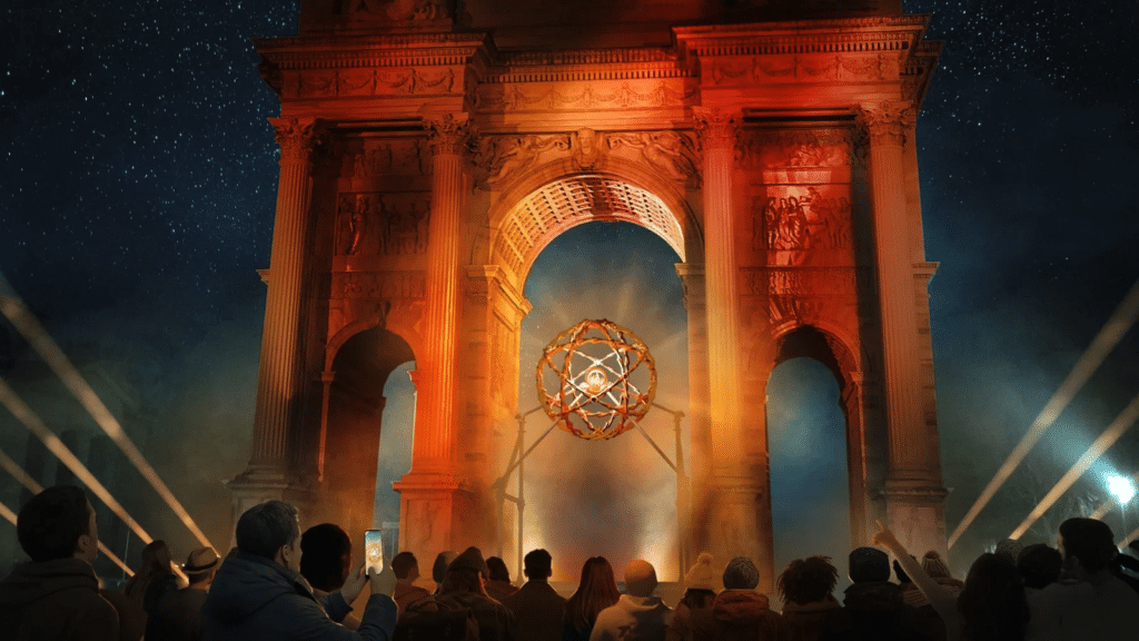 A composite image illustrating the two settings for the Milano Cortina 2026 Olympic cauldrons: Arco della Pace in Milan and Piazza Dibona in Cortina.