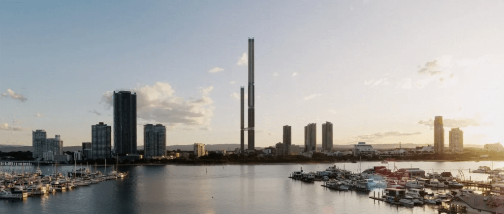 The dual towers of One Park Lane rising above the Gold Coast skyline at sunset, viewed from across the water with a marina in the foreground.