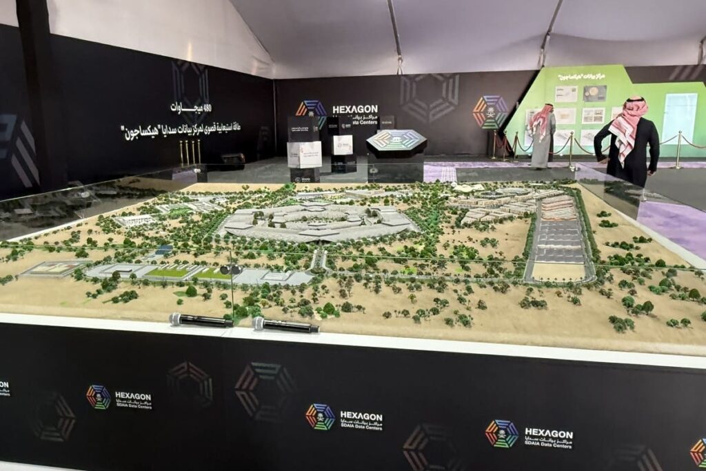 Hexagon Saudi Arabia physical masterplan model displayed at official event with Arabic branding