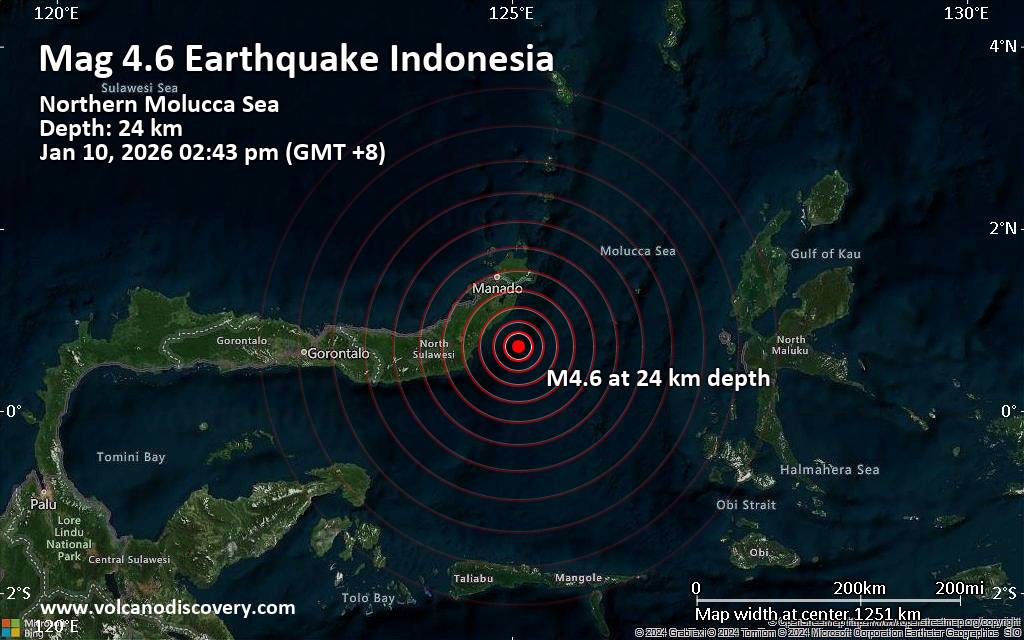 Seismic map showing the epicenter of a magnitude 4.6 earthquake in Northern Molucca Sea, Indonesia, on January 10, 2026, with concentric rings indicating wave propagation and key regional cities labeled