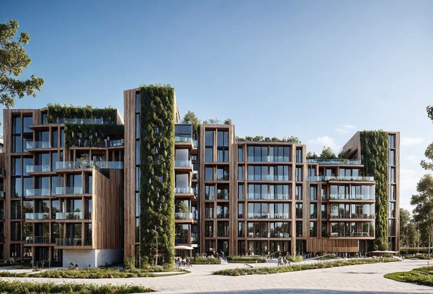 Frontal view of a mixed-use housing proposal in Chelmsford, UK, featuring timber-framed facades, vertical greenery, and glazed balconies integrated into a pedestrian-friendly urban layout.