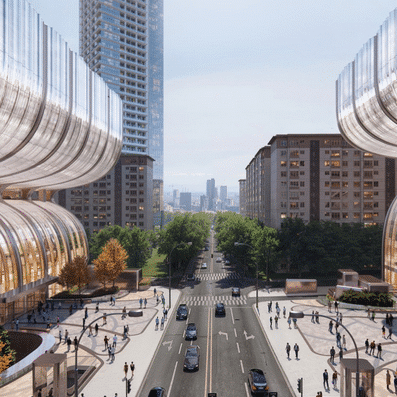 Street-level view of the Hanwha Galleria showing the crystalline glass facade and the entrance leading to the underground plaza.