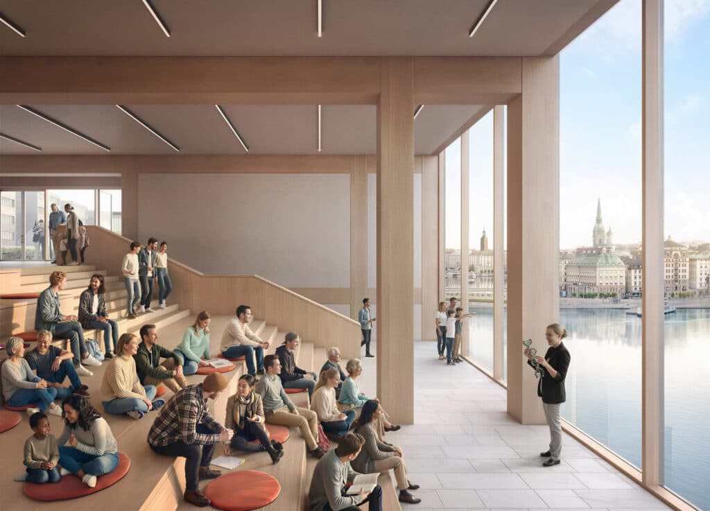Interior rendering of Nobel Center Stockholm 2026 showing tiered seating area with timber structure and waterfront views during a public lecture