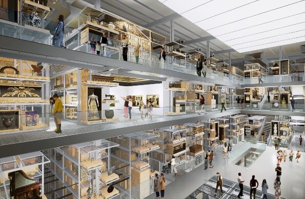 An interior rendering of the V&A East Storehouse, showing multi-level galleries with thousands of historical items from the V&A archive on public display