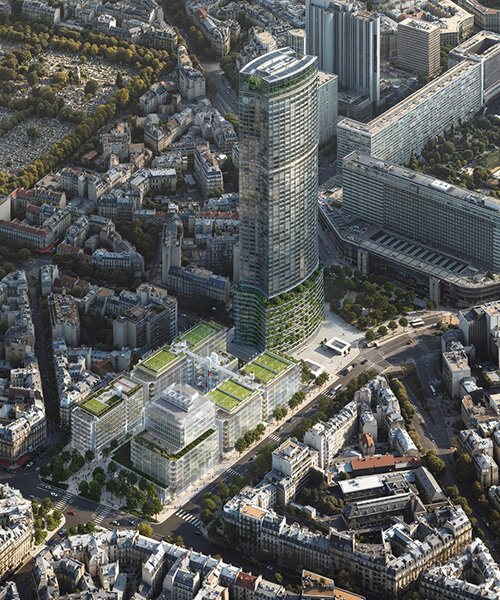 An aerial rendering of the complete Montparnasse redevelopment project, showcasing the transformed main tower and the surrounding complex with extensive green roofs integrated into the Parisian urban fabric.
