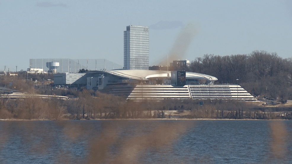 View of the immersive 16K wraparound screen from the seats inside the National Harbor Sphere, showcasing a celestial visual.
