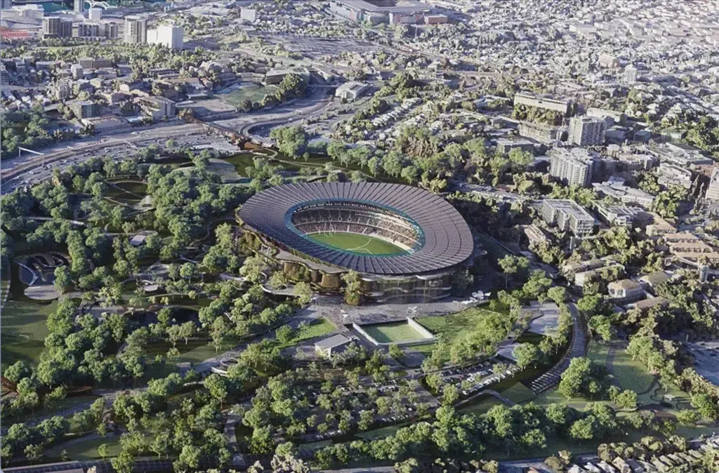 Aerial view of the proposed Sustainable Olympic Stadium nestled within Victoria Park’s greenery, surrounded by Brisbane’s urban fabric.