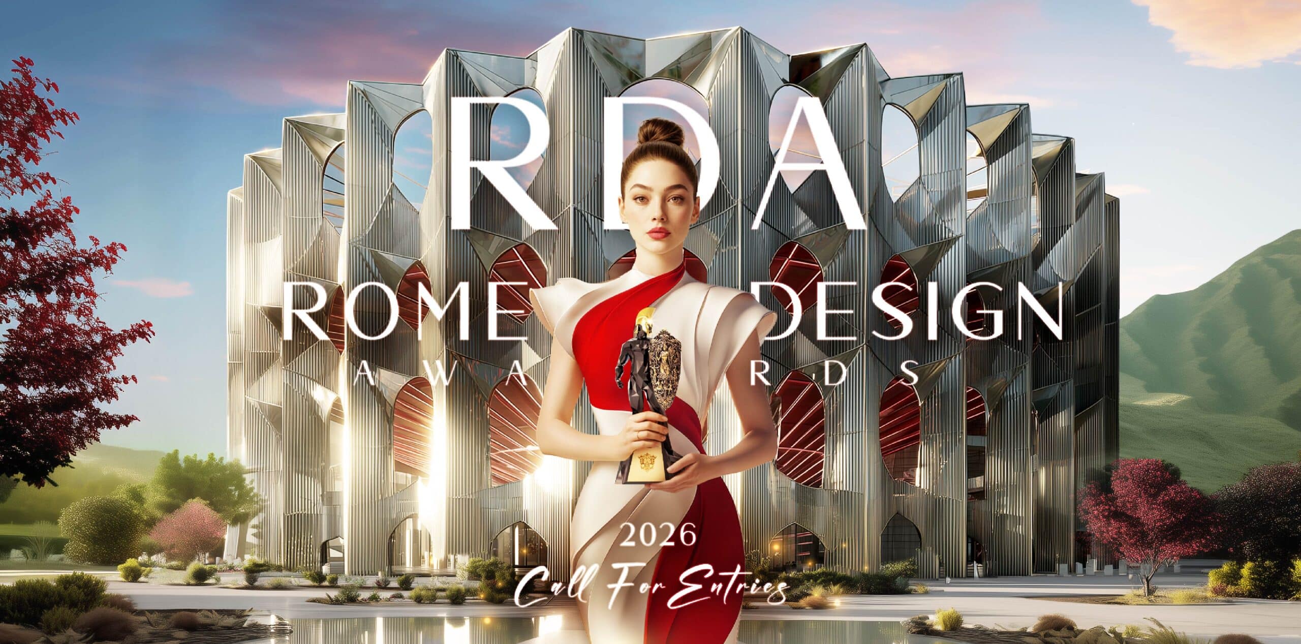 Promotional banner for the Rome Design Awards 2026 showing a striking architectural backdrop and event branding for the international design award.