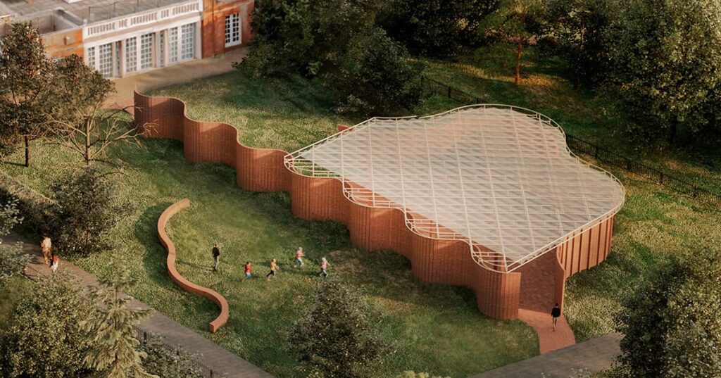 High-angle close-up of the 2026 Pavilion's translucent roof and sinuous brick walls as visitors walk through the surrounding Kensington Gardens.