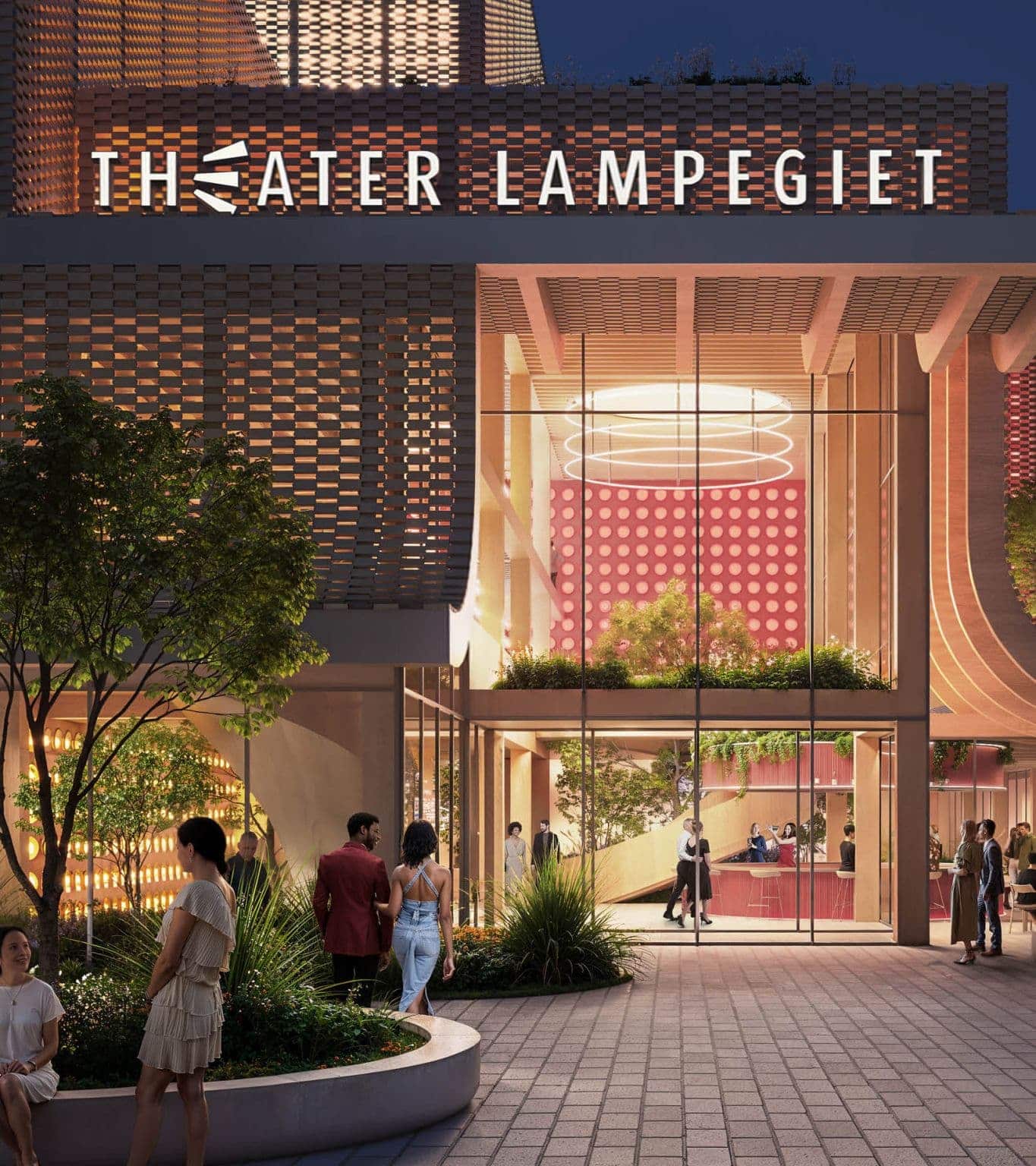 Interior view of the main auditorium in the New Lampegiet Theatre, showing red seating and warm wood-paneled walls.