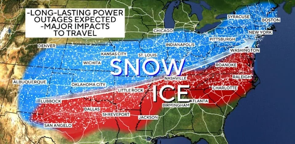 A quiet residential street in the US covered in deep snow following the 2026 winter storm, illustrating the impact on local communities.