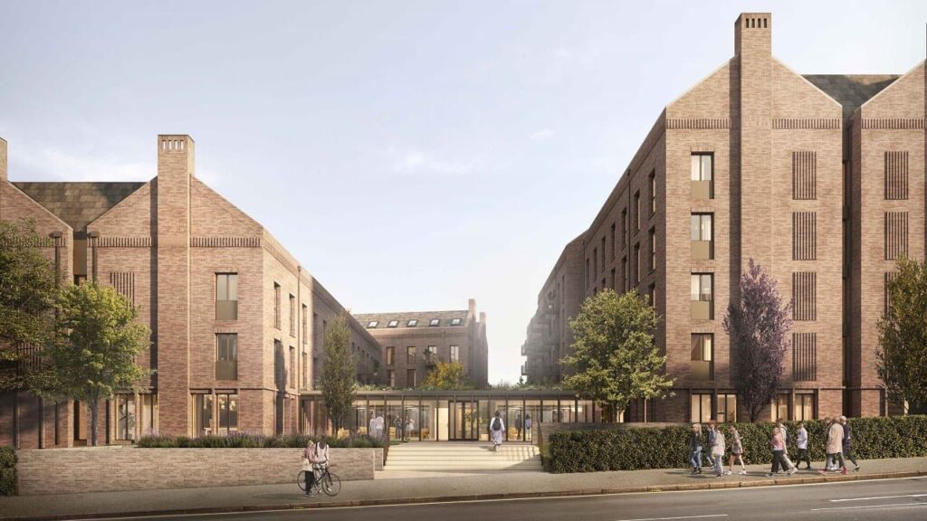 مدخل مخطط سكني طلابي بواجهات من الطوب وممر للمشاة  إكستر، المملكة المتحدة