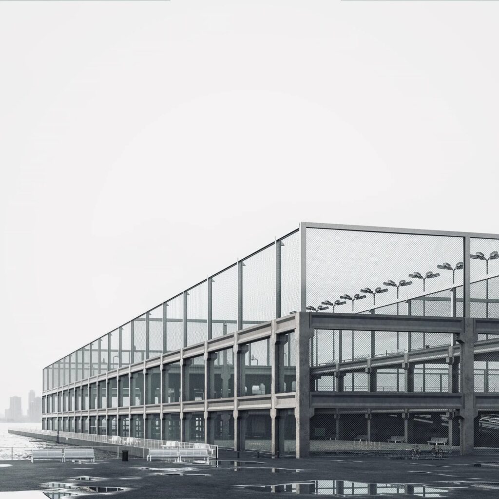 A rendered view of a modular concrete structure with steel mesh fencing, illustrating constructive deconstruction for adaptive waterfront reuse in Manhattan.