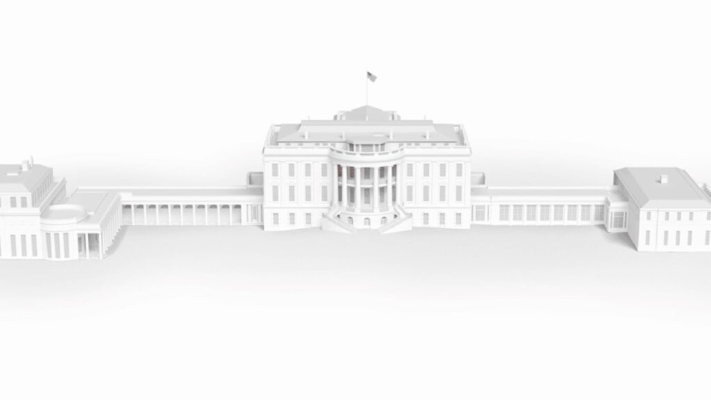 Monochrome 3D model of the White House complex showing central pavilion, East Wing, and West Wing with proposed colonnade alignment.