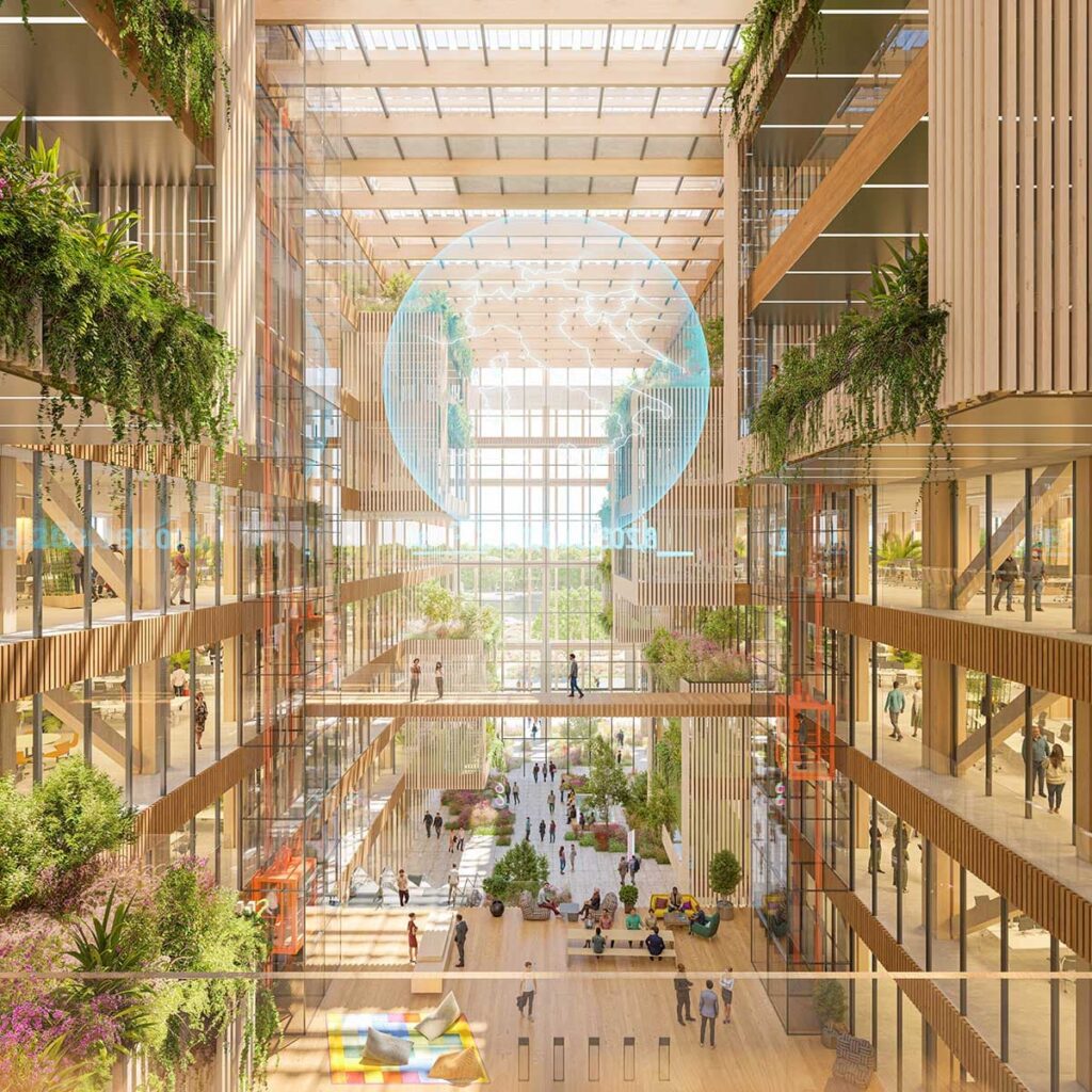 Multi-level timber atrium with biophilic planters and suspended digital globe in a government building in Rome  visualization by PLP Architecture.
