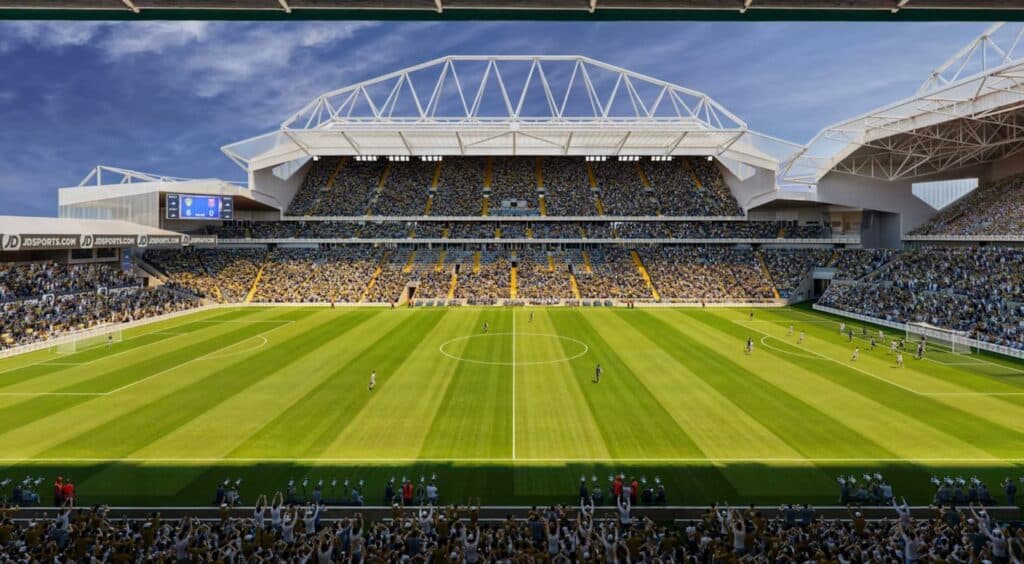 Elland Road expansion rendering showing packed stands under a modern white truss roof during a matchday, with players on the pitch and fans cheering.
