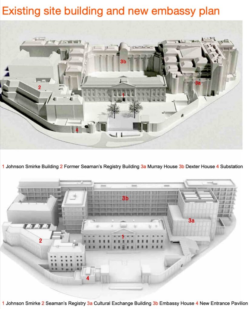 Axonometric diagram comparing existing buildings at Royal Mint Court with the proposed Chinese Embassy in London plan, highlighting Johnson Smirke Building, former Seaman&rsquo;s Registry, and new cultural and embassy structures.