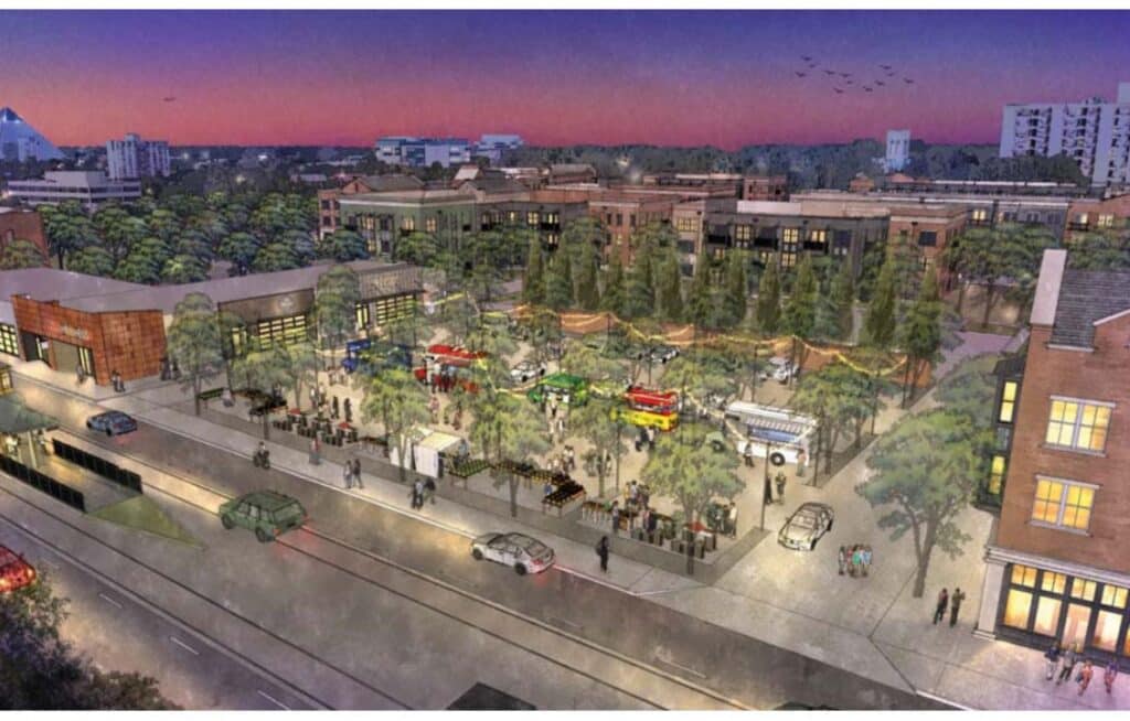 Evening view of a neighborhood public square activated by temporary programs and pedestrian movement