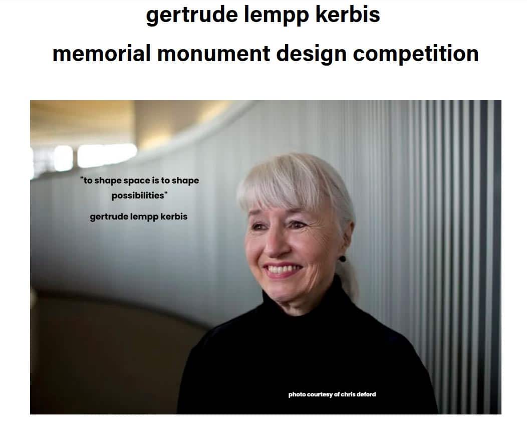 Portrait of architect Gertrude Lempp Kerbis smiling with competition title text for the Gertrude Lempp Kerbis Memorial Monument Design Competition 2026.