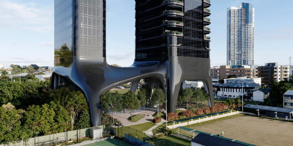 The biophilic design of the tower's base, with root like columns inspired by the Moreton Bay fig tree, integrating the structure with the landscape