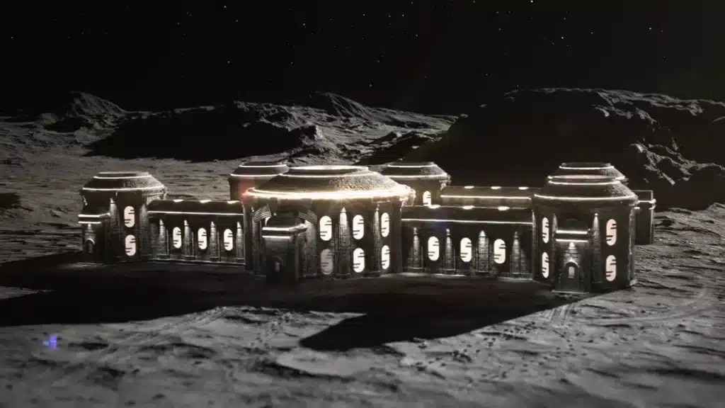 Concept rendering of the First Moon Hotel&rsquo;s neoclassical-inspired modular structure on the lunar surface, featuring illuminated colonnades and domed ends under starlight.