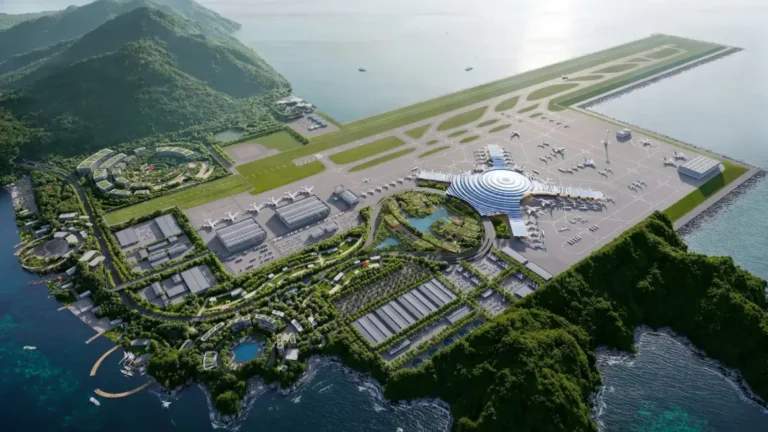 Aerial view of New Gadukdo Airport on Gaduk Island, showing the X-shaped terminal, runways, and integrated green spaces along the coastline.