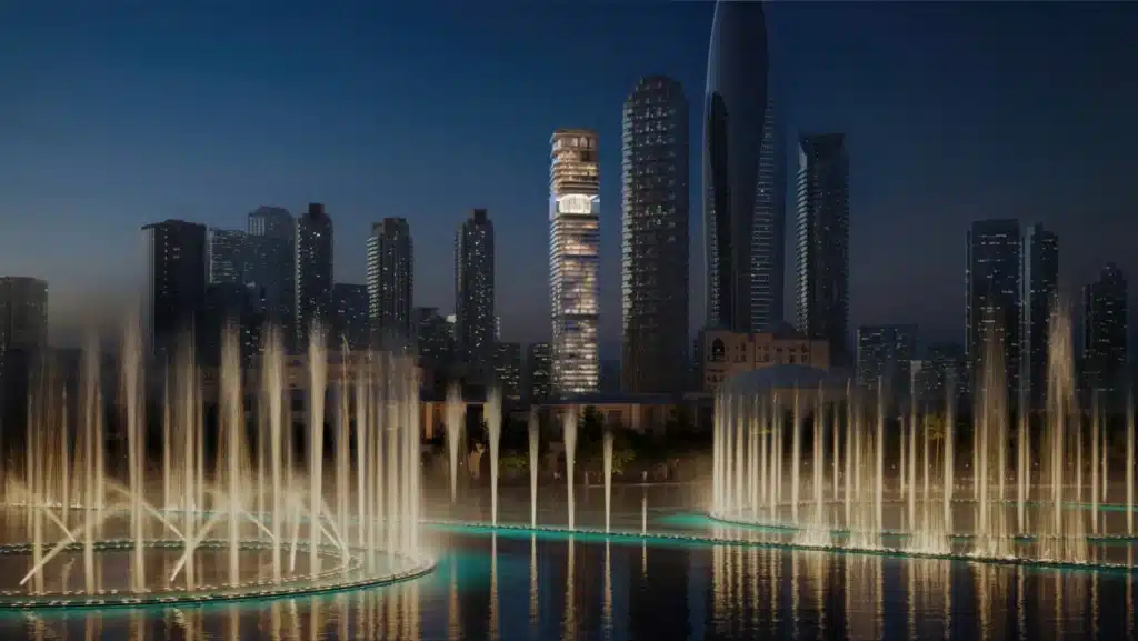 عرض بعيد لبرج إينوارا من جهة نافورة دبي ليلاً، يسلط الضوء على إضاءته الرأسية والميزة المركزية الشبيهة باللؤلؤة.