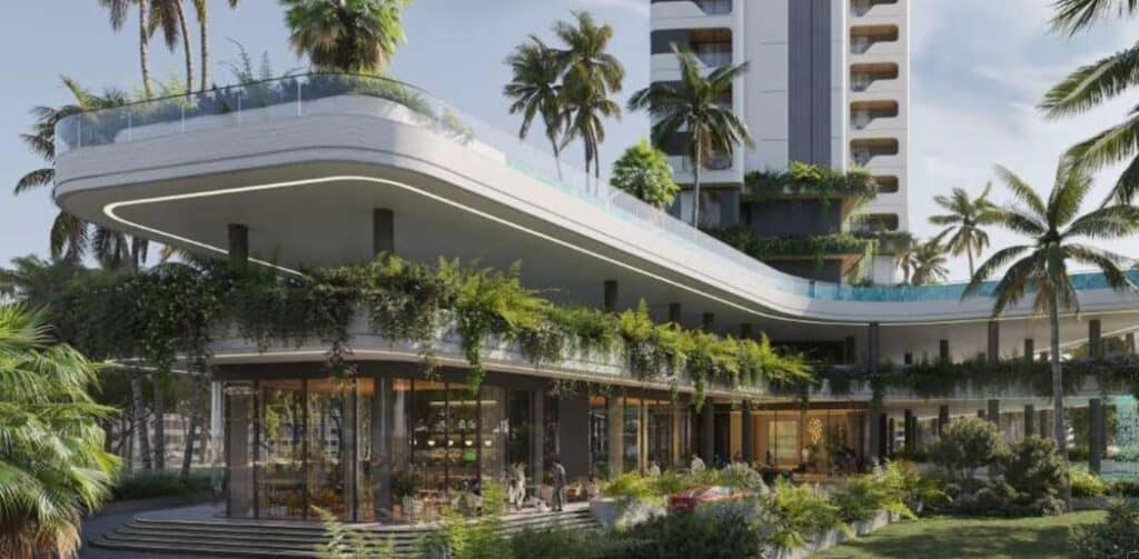 رسم تخطيطي لقاعدة مشروع سكني علاماتي مع شرفات خضراء وأشجار نخيل، يُظهر دمج المناظر الطبيعية والمساحات الجماعية في غورغاون.