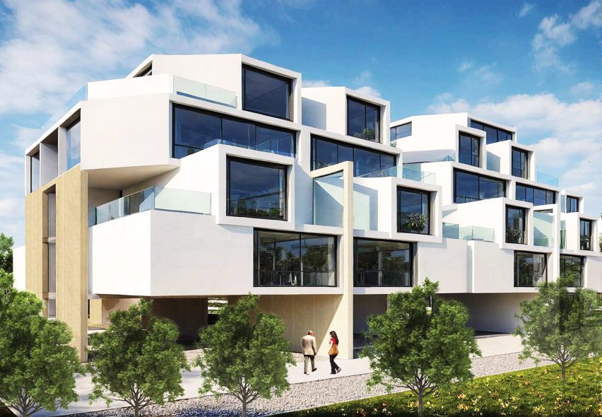 Conceptual rendering of a mixed-use housing proposal in Chelmsford, UK, showcasing stacked white volumes with cantilevered balconies and glazed facades under a clear sky.