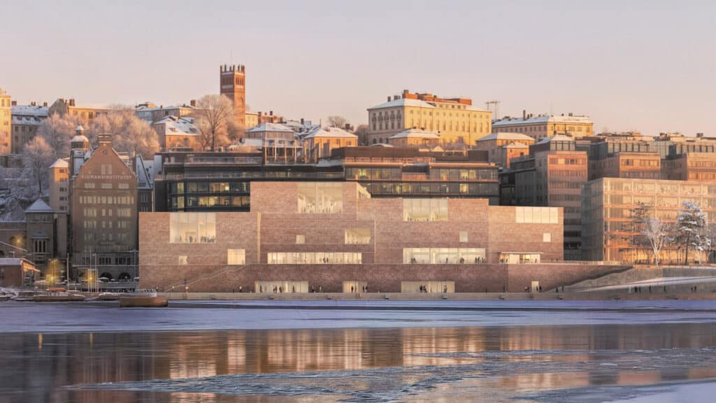 Nobel Center Stockholm 2026 winter rendering showing brick facade and waterfront integration against historic cityscape
