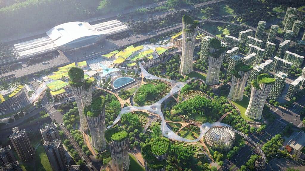 Aerial rendering of a large scale mixed use development featuring green topped towers, a sprawling central park, and a futuristic transit station integrated into the landscape