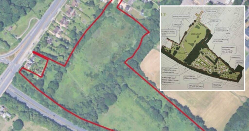 Aerial map of Durley Farm site near Totton, Hampshire, outlined in red, with inset showing proposed housing layout, green buffers, and pedestrian routes  an example of urban expansion into rural land.