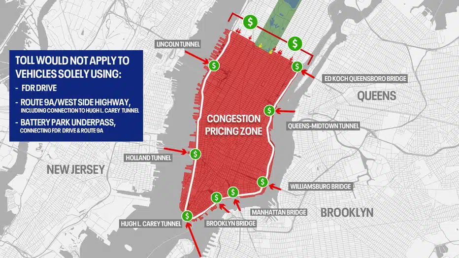 Map of NYC&rsquo;s Congestion Pricing Zone in red, showing toll boundaries and exemptions under Architectural Security policy.