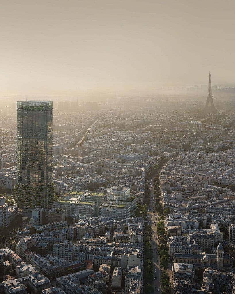 A panoramic aerial view of the Montparnasse redevelopment, showing the redesigned tower standing prominently in the Paris skyline with the Eiffel Tower visible in the distant haze.